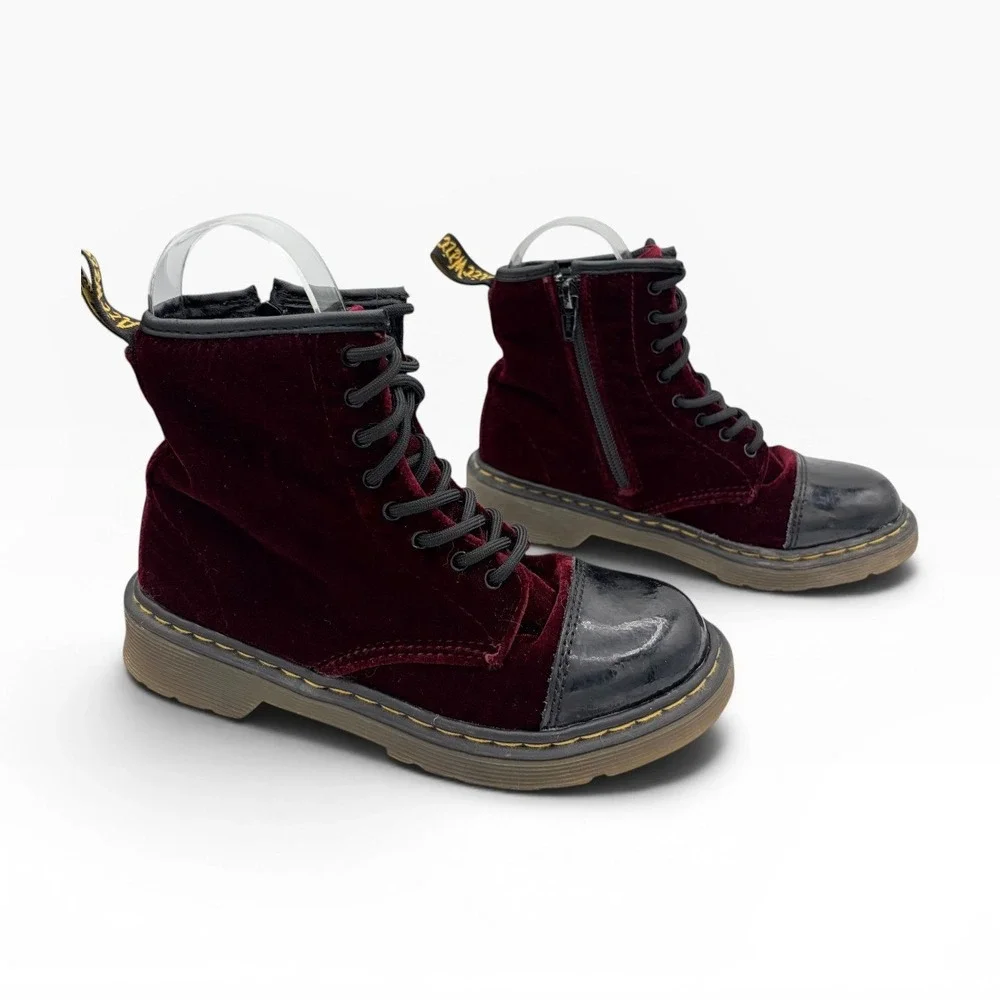Dr. Martens Pooch Boots Sz 1 Big Kids Velvet Burgundy Patent Combat AirWair Zip